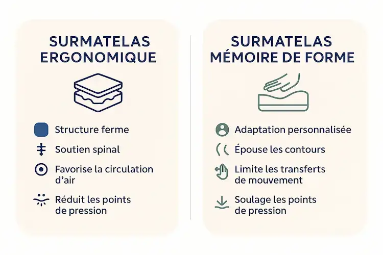 Comparaison visuelle entre un surmatelas ergonomique et un surmatelas à mémoire de forme, avec leurs avantages respectifs