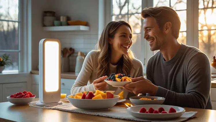 Couple souriant prenant un petit-déjeuner sain avec lampe de luminothérapie allumée sur la table de cuisine moderne, illustrant l'usage quotidien et convivial de la luminothérapie en famille dans un cadre de vie naturel
