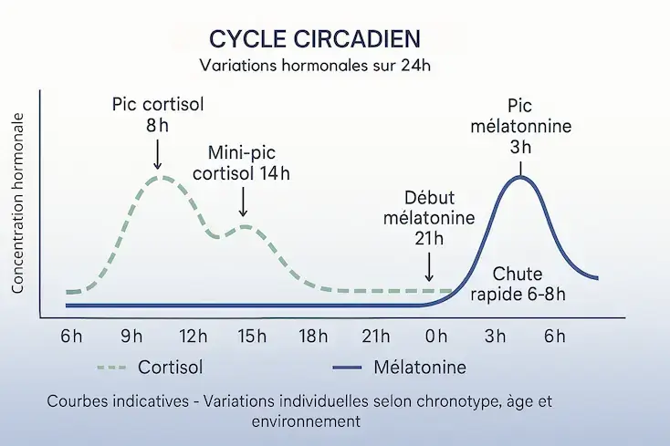 Graphique scientifique du cycle circadien sur 24 heures montrant l'évolution opposée de la mélatonine (pic nocturne à 3h) et du cortisol (pic matinal à 8h, mini-pic à 14h) avec annotations des moments clés et note sur les variations individuelles