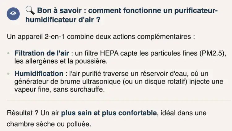 Encart informatif expliquant le fonctionnement d'un humidificateur-purificateur 2-en-1 : filtration HEPA des particules fines PM2.5 et allergènes, puis humidification par générateur ultrasonique ou disque rotatif pour un air plus sain et confortable dans les chambres sèches ou polluées.