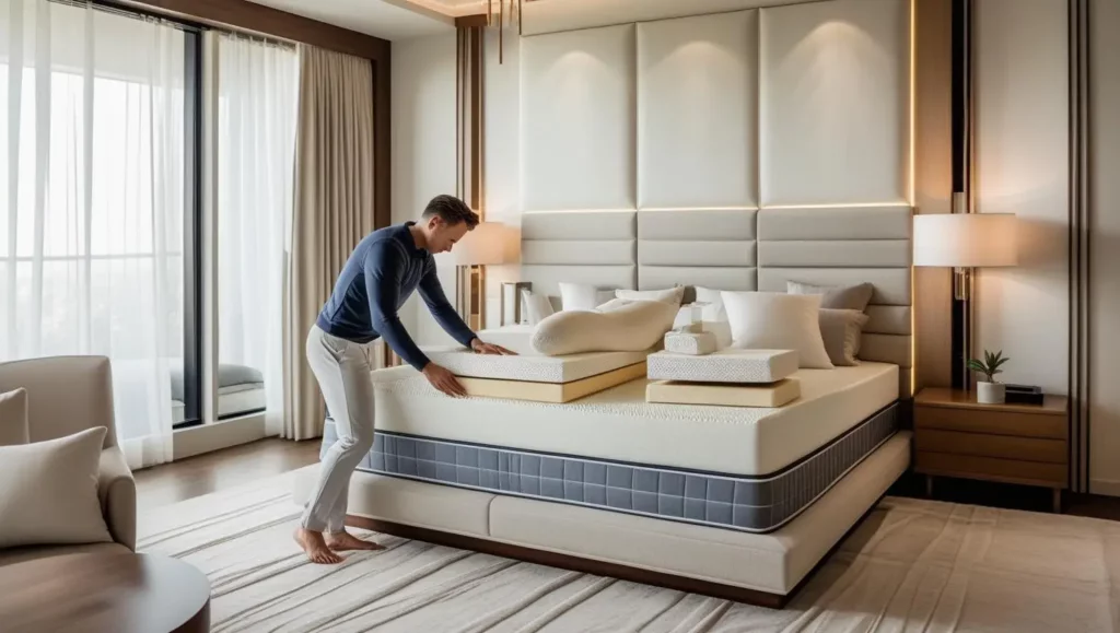 Homme ajustant un surmatelas ergonomique dans une chambre moderne, pour améliorer le confort et le soutien du sommeil.