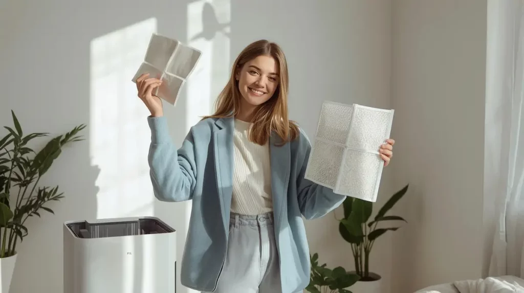 Femme souriante en blazer bleu tenant filtres HEPA usagé et neuf, purificateur d'air blanc ouvert, chambre lumineuse avec plantes vertes