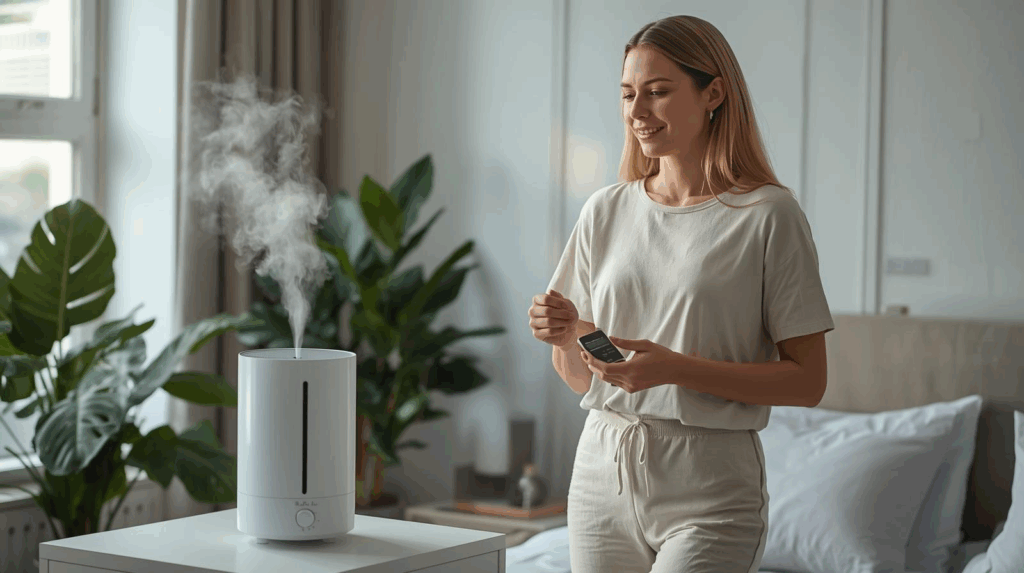 Femme blonde en tenue beige contrôlant hygromètre près d'humidificateur blanc émettant vapeur, chambre lumineuse avec plantes vertes bénéficiant air humidifié