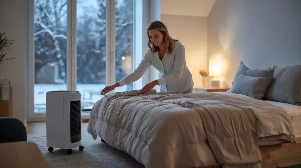 Femme en pull blanc ajustant radiateur d'appoint moderne dans chambre hivernale aux tons clairs avec paysage neigeux