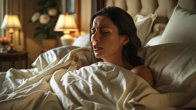 Femme réveillée en sueur dans une chambre humide, visage crispé, draps collants – inconfort nocturne lié à l’humidité excessive