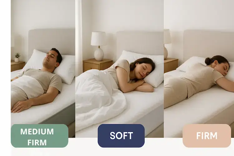 Illustration des trois positions de sommeil avec fermeté adaptée : dos, côté et ventre