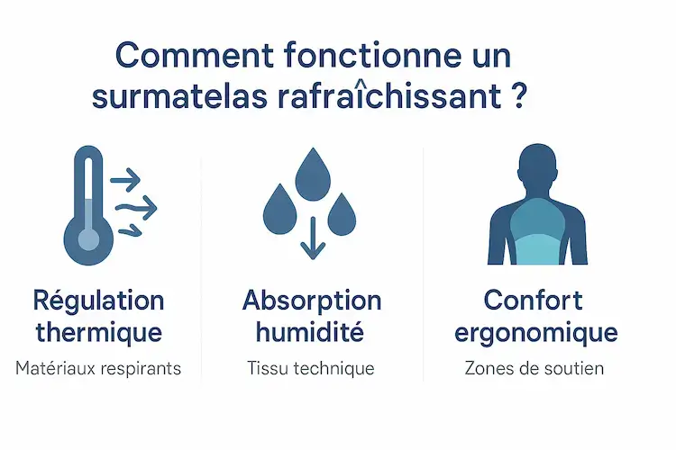 Infographie expliquant le fonctionnement d'un surmatelas rafraîchissant en 3 étapes : régulation thermique par matériaux respirants, absorption humidité par tissu technique, et confort ergonomique avec zones de soutien