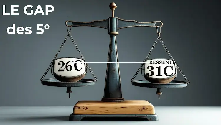 Infographie montrant une balance avec deux poids : 26°C d’un côté, 31°C ressenti de l’autre. Illustration du décalage entre température mesurée et perçue.