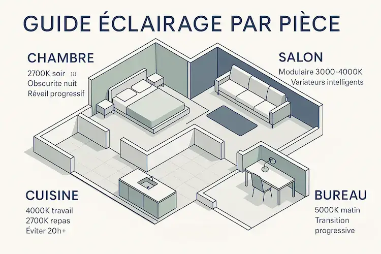 Plan isométrique de maison montrant les recommandations d'éclairage circadien pour chaque pièce : chambre 2700K le soir, salon modulaire 3000-4000K, cuisine 4000K travail/2700K repas, bureau 5000K matin avec transition progressive