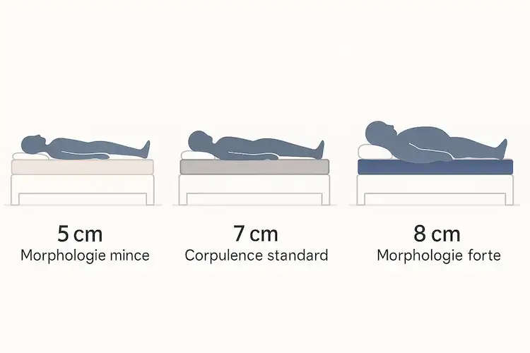 Guide pratique montrant 3 morphologies différentes avec les épaisseurs de surmatelas adaptées : 5cm pour morphologie mince, 7cm pour corpulence standard, 8cm pour morphologie forte