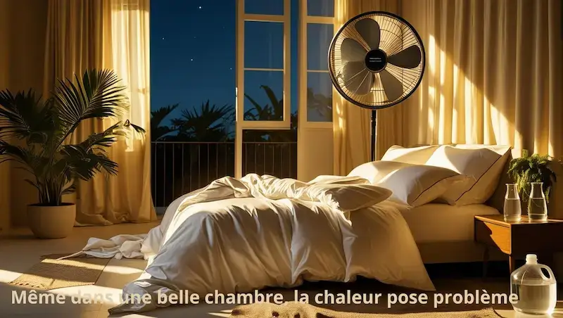 Chambre élégante de nuit, ventilateur allumé, lit défait, lumière chaude — illustration de l’impact de la chaleur sur le sommeil même dans un environnement confortable.