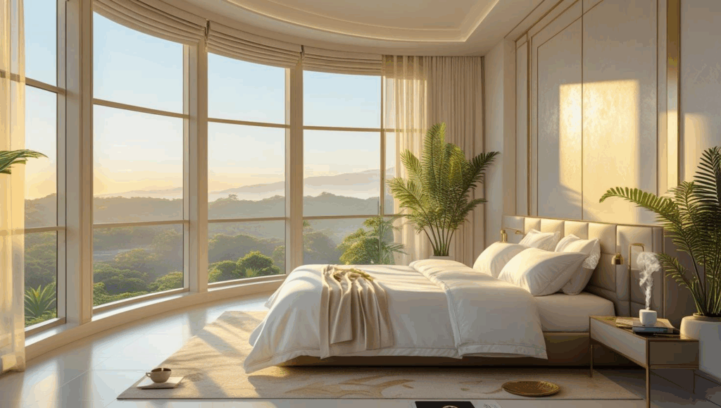 Chambre moderne luxueuse baignée de lumière dorée avec grande baie vitrée donnant sur paysage verdoyant, lit king-size en lin blanc, plantes purifiantes et atmosphère de sérénité totale incarnant l'univers bien-être et confort pour un quotidien apaisé