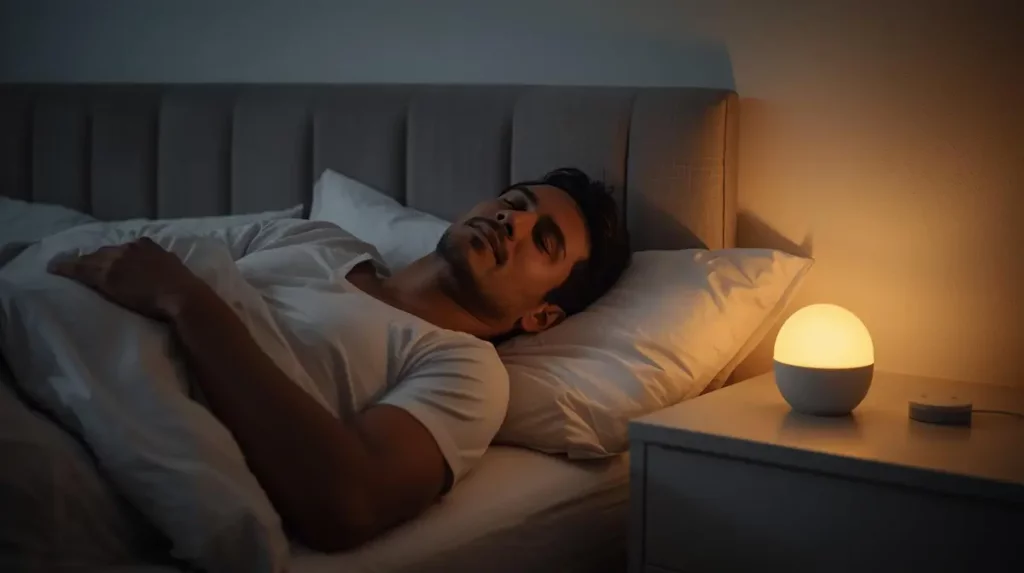 Homme se réveillant naturellement avec réveil simulateur d'aube diffusant lumière orangée douce sur table de nuit moderne