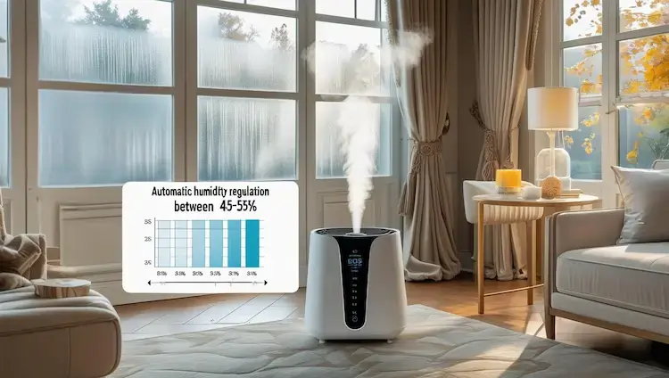 Humidificateur moderne avec affichage digital et régulation automatique de l’humidité entre 45 et 55 %, placé dans un salon élégant en automne, fenêtres embuées en arrière-plan.