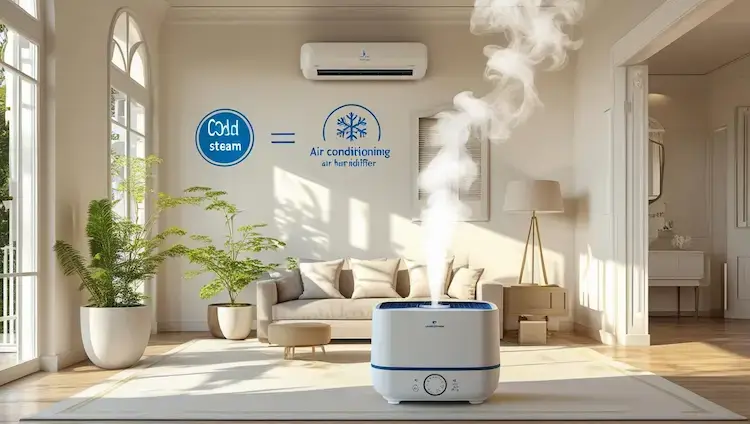 Humidificateur à vapeur froide diffusant dans un salon lumineux équipé d’une climatisation murale, illustrant son utilité en été pour contrer l’air sec causé par la climatisation.