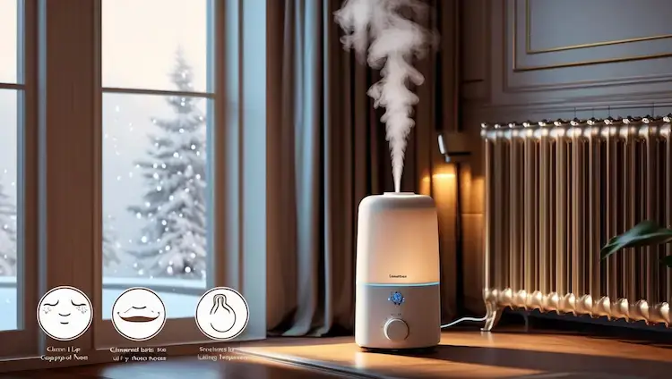 Humidificateur diffusant de la vapeur près d’un radiateur dans un salon élégant, avec vue sur la neige à travers la fenêtre, illustrant son utilité en hiver pour contrer l’air sec lié au chauffage.