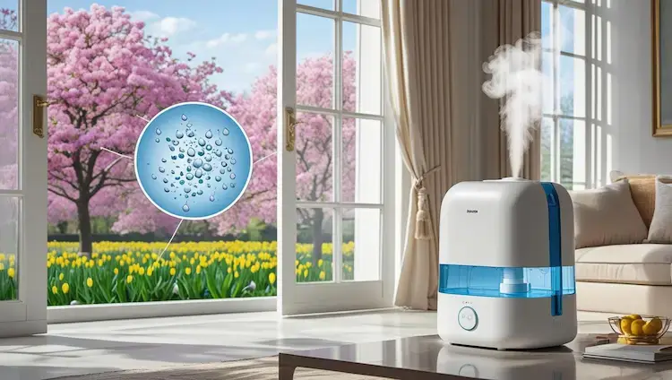 Humidificateur diffusant de la vapeur dans un salon ensoleillé avec vue sur des arbres en fleurs et un zoom sur des gouttelettes capturant le pollen, illustrant son rôle au printemps contre les allergènes.