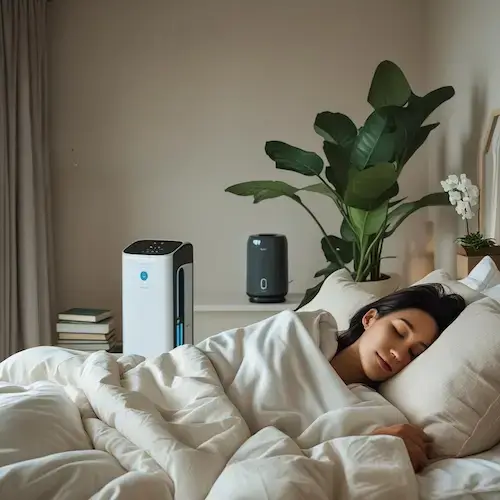 Femme endormie paisiblement dans une chambre saine, équipée d’un humidificateur et d’un purificateur d’air. Plante verte, literie claire et ambiance naturelle.