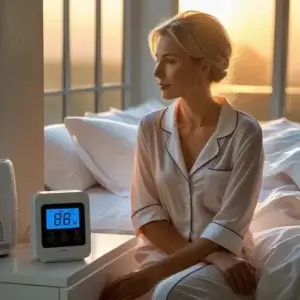 Humidité dans la chambre : comment mieux dormir malgré un air lourd ou moite ? Femme en pyjama observant un hygromètre indiquant 88 % d’humidité dans une chambre à coucher au lever du soleil