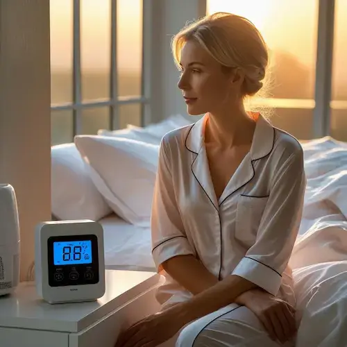 Femme en pyjama observant un hygromètre indiquant 88 % d’humidité dans une chambre à coucher au lever du soleil