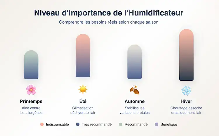 Infographie montrant l'importance de l'humidificateur selon les saisons : critique en hiver (chauffage), important en été (climatisation), utile en automne (variations) et bénéfique au printemps (allergènes)