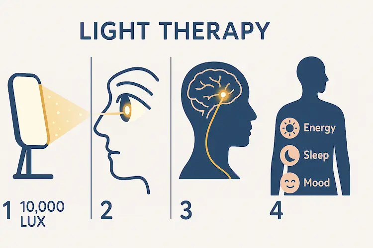 Infographie en 4 étapes expliquant le fonctionnement de la luminothérapie : étape 1 lampe émettant 10 000 lux, étape 2 œil recevant la lumière, étape 3 cerveau avec activation neuronale, étape 4 silhouette humaine montrant les 3 bénéfices - énergie, sommeil et humeur améliorés