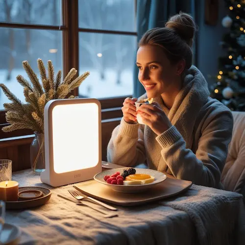 Lampe de luminothérapie rectangulaire allumée sur une table de petit-déjeuner, ambiance hivernale – comparatif 2025.