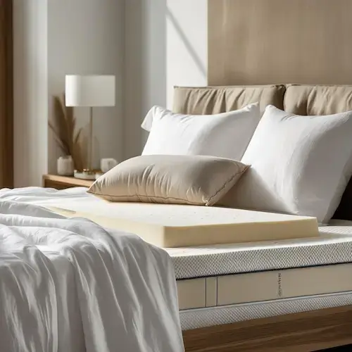 Lit bien présenté avec surmatelas en mousse, matelas et oreillers ergonomiques dans une chambre lumineuse