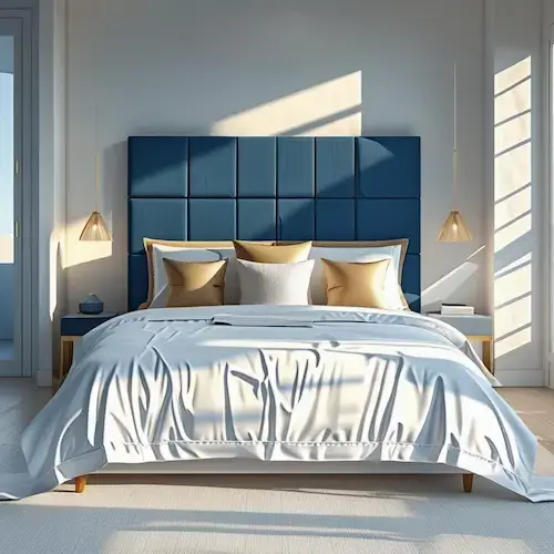 Lit double impeccablement fait dans une chambre moderne lumineuse, illustrant l'importance de l'hygiène de la literie.