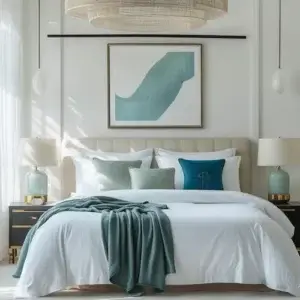Chambre élégante avec lit blanc et coussins vert d’eau, protégée par des accessoires de literie anti-acariens pour un sommeil sain et sans allergènes.