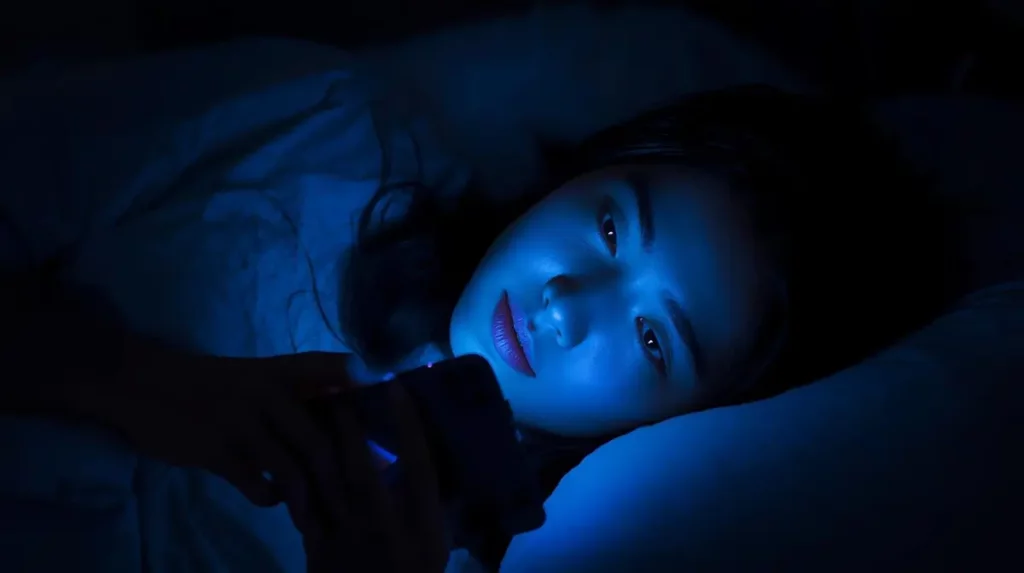 Femme allongée dans son lit, éclairée par la lumière bleue de son smartphone, symbole de l'impact des écrans sur le sommei