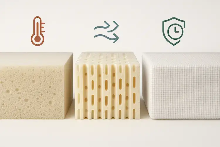 Comparaison des trois principaux matériaux de surmatelas : mousse à mémoire de forme, latex naturel et microfibres synthétiques avec leurs propriétés de chaleur, respirabilité et durabilité