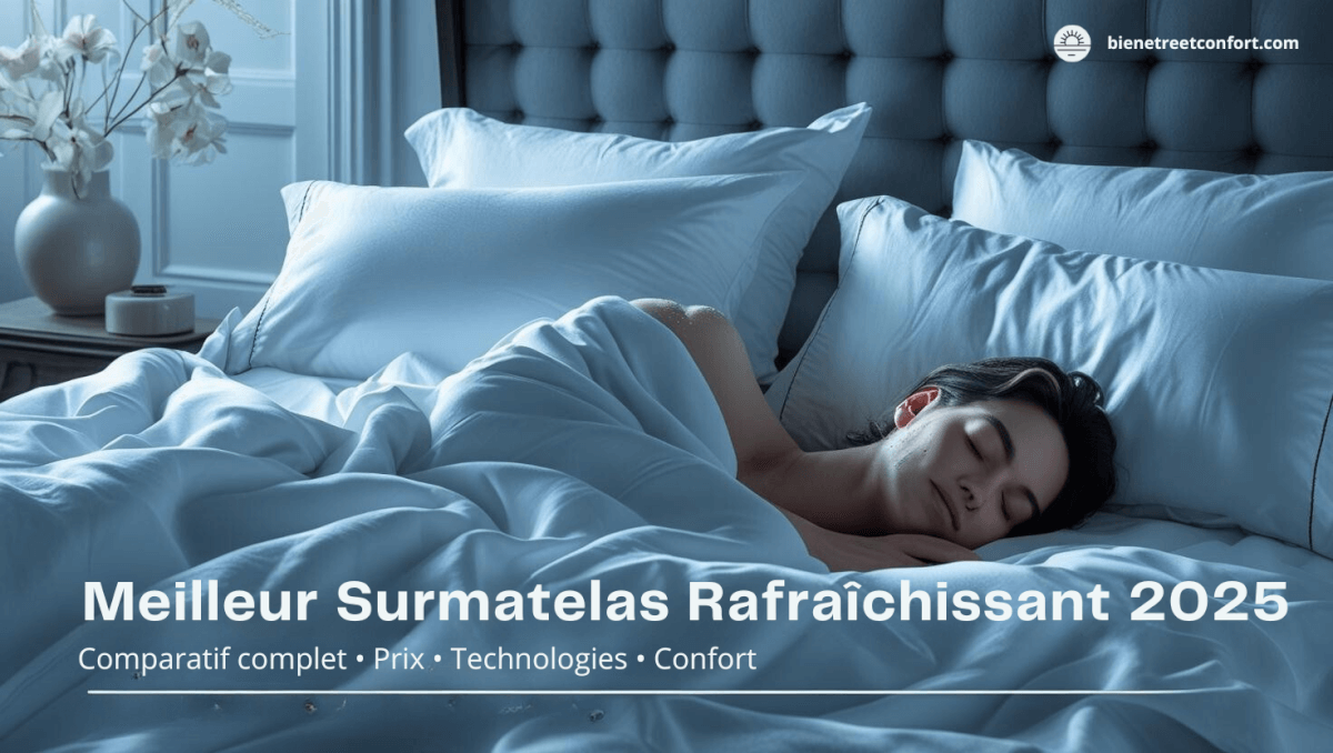 Femme dormant paisiblement sur une literie fraîche, illustrant le comparatif des meilleurs surmatelas rafraîchissants.