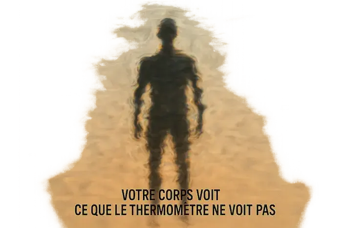 Silhouette humaine entourée de vagues de chaleur, représentant l’écart entre la température ressentie par le corps et la température affichée.