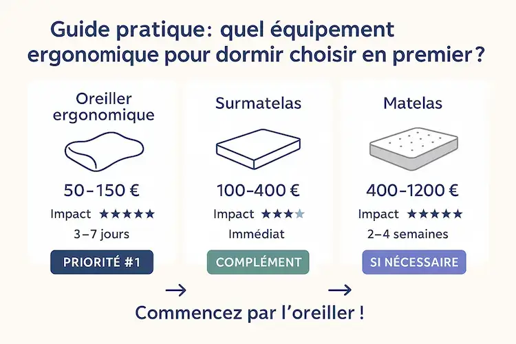 Infographie comparative montrant l'ordre d'investissement recommandé : oreiller, surmatelas puis matelas avec prix et impact