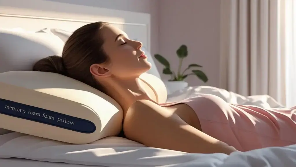 Femme allongée sur un oreiller ergonomique à mémoire de forme, offrant un soutien cervical optimal pour un sommeil réparateur.
