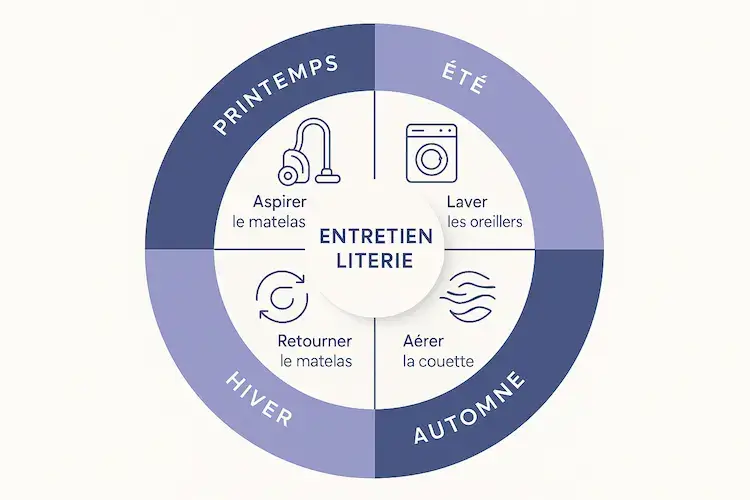 Infographie circulaire planning entretien literie par saisons : printemps aspirer le matelas, été laver les oreillers, automne aérer la couette, hiver retourner le matelas