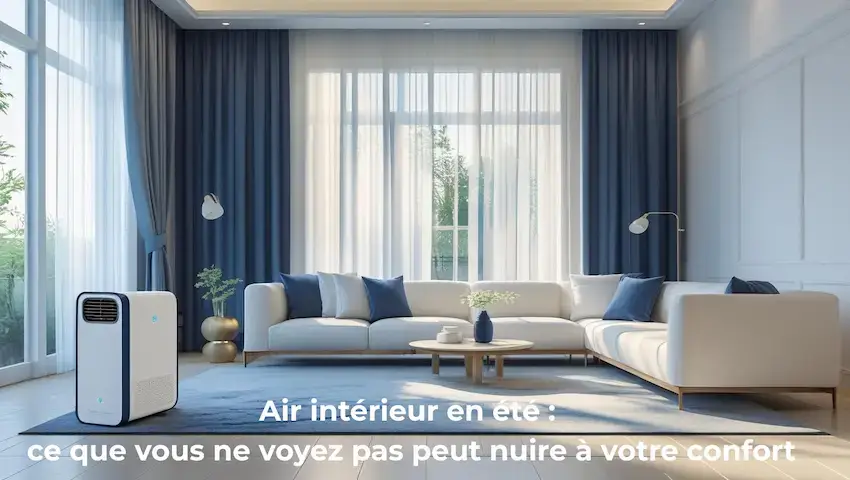 Purificateur d’air dans un salon d’été lumineux – qualité de l’air intérieur, confort thermique et filtration contre l’humidité