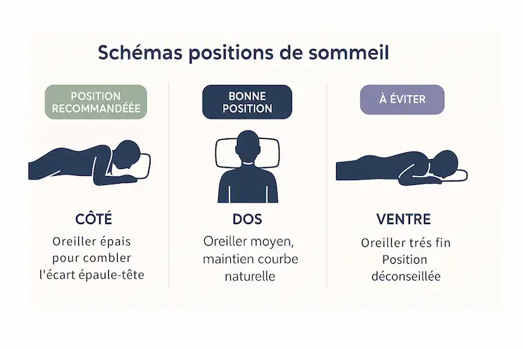 Schéma montrant trois positions de sommeil avec oreillers adaptés : côté, dos et ventre