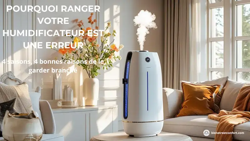 Humidificateur diffusant de la vapeur dans un salon lumineux avec fleurs, accompagné d’un titre accrocheur expliquant pourquoi le ranger est une erreur et soulignant les raisons de l’utiliser toute l’année.
