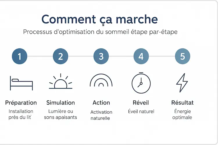 Schéma en 5 étapes expliquant le fonctionnement des réveils lumineux et générateurs sonores