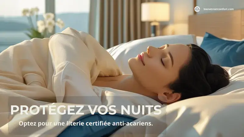 Femme dormant sereinement dans lit protégé par accessoires anti-acariens