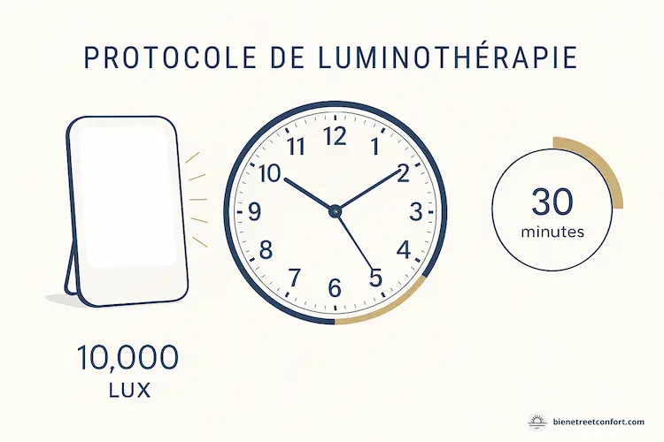 Infographie protocole luminothérapie optimal : lampe émettant 10 000 lux, horloge montrant timing matinal 6h-9h avec zone dorée mise en évidence, chronomètre indiquant durée recommandée de 30 minutes pour une séance efficace