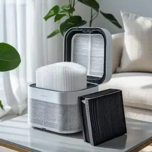Filtre HEPA ou charbon actif : que choisir ? Purificateur d’air moderne posé sur une table basse dans un salon lumineux, montrant un filtre HEPA blanc plissé et un filtre à charbon actif noir côte à côte, illustrant la différence entre les deux technologies de filtration.