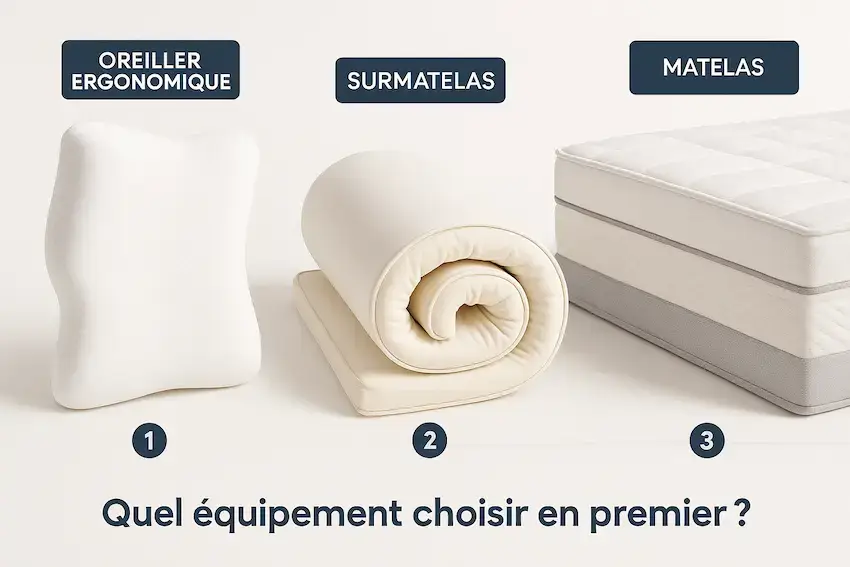 Oreiller ergonomique en forme de vague, surmatelas mémoire de forme et section de matelas côte à côte sur fond blanc, avec badges explicatifs pour choisir le bon équipement pour dormir