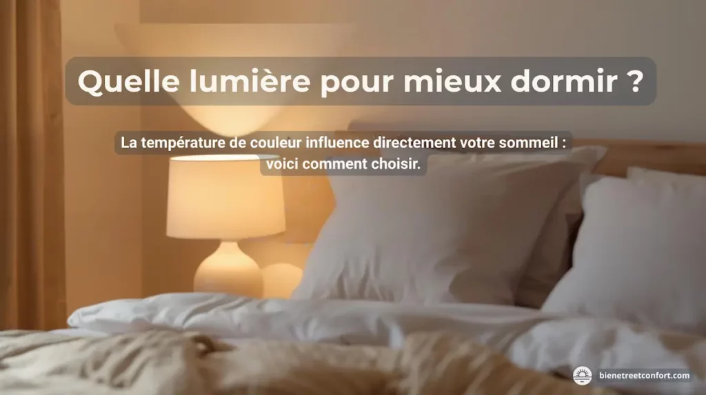 Chambre avec éclairage chaud 2700K, lampe de chevet allumée, illustration de la meilleure lumière pour dormir