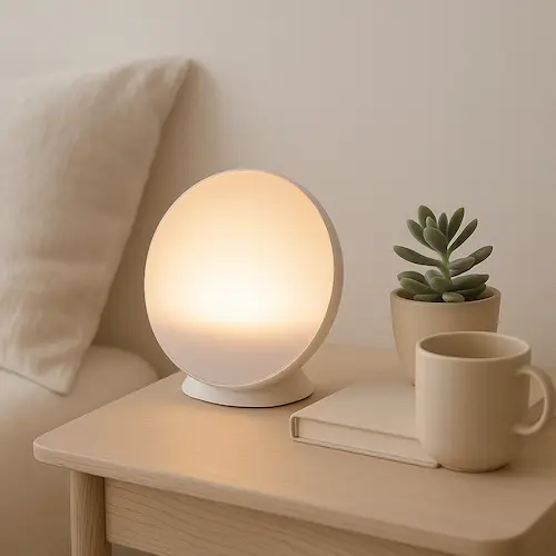 Réveil simulateur d'aube avec lumière chaude sur table de chevet en bois clair, ambiance minimaliste avec plante grasse et tasse beige - Meilleur réveil lumineux
