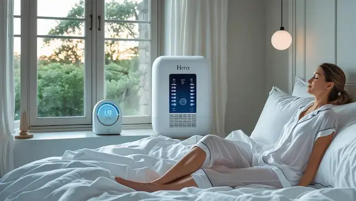 Femme en pyjama dans une chambre équipée d’un hygromètre et d’un déshumidificateur, effectuant sa routine du soir anti-humidité