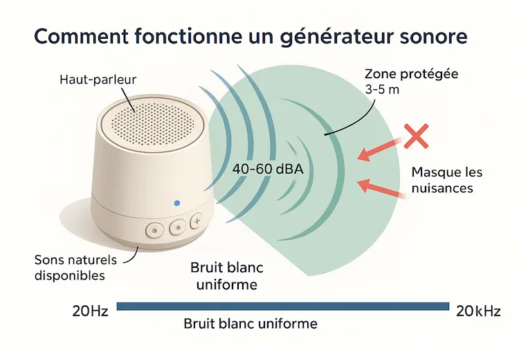 Schéma explicatif du fonctionnement d'un générateur sonore avec zone de protection et masquage des nuisances