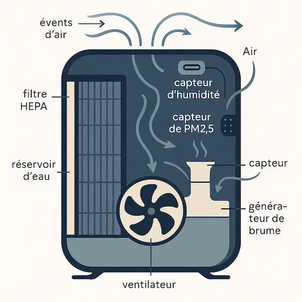 Schéma technique en coupe d'un appareil 2-en-1 humidificateur-purificateur montrant les composants internes : filtre HEPA, réservoir d'eau, capteur d'humidité, capteur PM2.5, ventilateur et générateur de brume. Flèches indiquant circulation de l'air entrant par les évents, filtration des particules et humidification avant sortie d'air purifié.